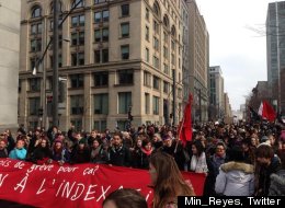 Thousands of protesters are on the move from Victoria Square in downtown Montreal in a demonstration organized by the most militant of Quebec's student groups, ASSÉ. (MIN_REYES, TWITTER)