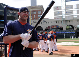 Houston Texans football player J.J. Watt joins the Houston Astros for batting practice on, March 29, 2013, in Houston. (AP Photo/Pat Sullivan)
