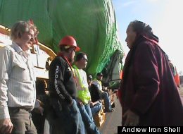 Marie Brush Breaker Randall speaks to truck drivers en route to the Albertan tar sands.
