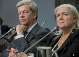 Luc Lavoie, Sun News network's head of development (left) and Julie Tremblay, Chief Operating Officer, Sun Media Corporation attend a CRTC mandatory distribution public hearing in Ottawa on Tuesday, April 23, 2013. (THE CANADIAN PRESS/Justin Tang)