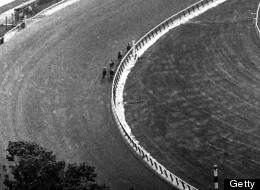 Around Belmont's clubhouse turn, Sham stays with Secretariat (on rail). In back stretch, Big Red took off.
