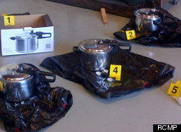 Pictures displayed by the RCMP showed several explosive devices built from what appeared to be pressure cookers. They said the plot to use the devices at the B.C. legislature in Victoria was foiled by police. (RCMP)