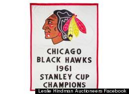 The vintage Blackhawks banner that went for $37,500 in auction Tuesday night.