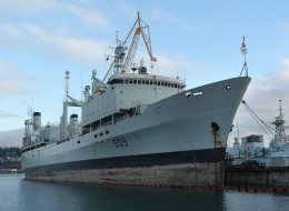The Canadian Navy's Operational Support Ship HMCS Protecteur sits at dock at CFB Esquimalt in Victoria, BC on Vancouver Island. (CP PHOTO/Don Denton)
