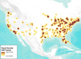 A map of the United States illustrates the placement of the Twitter users who revealed their location. (Image courtesy of Chris Weidemann)
