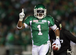 Runningback Kory Sheets #1 of the Saskatchewan Roughriders celebrates a touchdown against the Hamilton Tiger-Cats in the second quarter during the 101st Grey Cup Championship Game at Mosaic Stadium on November 24, 2013 in Regina, Canada.