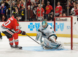 Patrick Sharp #10 of the Chicago Blackhawks misses his shot against goalie Alex Stalock #32 of the San Jose Sharks during the shoot-out in the NHL game on January 05, 2014 at the United Center in Chicago, Illinois. (Photo by Bill Smith/NHLI via Getty Images)