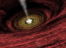 This is an artist's impression of a growing supermassive black hole located in the early Universe, showing a disk of gas rotating around the central object that generates copious amounts of radiation. This gas is destined to be consumed by the black hole. The black hole's mass is less than one hundredth of the mass it will have when the Universe reaches its present day age of about 13.7 billion years.Credit: Credit: NASA/CXC/M.WeissThis concept is related to this image from Chandra:<a href=