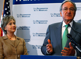 WASHINGTON - SEPTEMBER 10: Senate Agriculture Chairman Tom Harkin (D-IA) (R) and U.S. Sen. Hillary Clinton (D-NY) talk about fair pay for women during a news conference on Capitol Hill September 10, 2008 in Washington, DC. Clinton joined Harkin to unveil a Government Accountability Office report on how the Bush Administration is addressing pay inequities in the private and public sectors. (Photo by Mark Wilson/Getty Images)