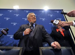 President-elect Eric Barron answers questions from the media during the press conference, Monday, Feb. 17, 2014, in University Park, Pa., after being named Penn State's new president. (Nabil K. Mark/Centre Daily Times/MCT via Getty Images)