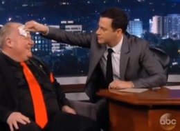 Jimmy Kimmel helps wipe sweat off Toronto Mayor Rob Ford's brow on Monday during taping of the late night talk show.