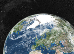 True colour satellite image of the Earth showing Greenland, the North Pole and Europe, with cloud coverage. This image in orthographic projection was compiled from data acquired by LANDSAT 5 & 7 satellites., Globe Showing Europe, True Colour Satellite Image (Photo by Planet Observer/Universal Images Group via Getty Images)