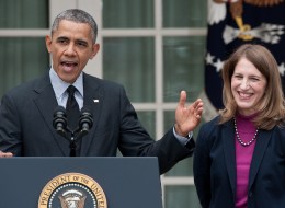US President Barack Obama names Sylvia Mathews Burwell (R), his current budget director, to replace Heath and Human Services Secretary Kathleen Sebelius (L) in the Rose Garden at the White House in Washington on April 11, 2014. Sebelius resigned, paying the price for the chaotic initial rollout of the US president's signature health care law. AFP PHOTO/Nicholas KAMM (Photo credit should read NICHOLAS KAMM/AFP/Getty Images)