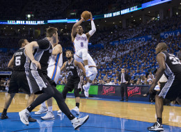 Russell Westbrook #0 of the Oklahoma City Thunder shoots the ball against the San Antonio Spurs in Game 4 of the Western Conference Finals during the 2014 NBA Playoffs at the Chesapeake Arena on May 27, 2014 in Oklahoma City, Oklahoma. NOTE TO USER: User expressly acknowledges and agrees that, by downloading and/or using this photograph, user is consenting to the terms and conditions of the Getty Images License Agreement. Mandatory Copyright Notice: Copyright 2014 NBAE (Photo by Richard Rowe/N
