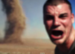 Captura de imagen de un video editado donde se ve a un hombre junto a un tornado