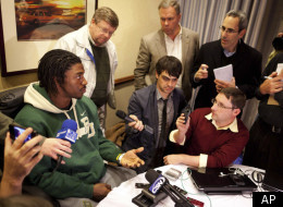 Baylor quarterback and Heisman Trophy finalist Robert Griffin III attends an informal roundtable conference with journalists, Friday, Dec. 9, 2011, in New York. (AP Photo/John Minchillo)