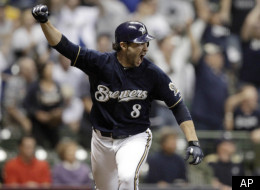 FILE - In this Sept. 13, 2011 file photo, Milwaukee Brewers' Ryan Braun celebrates after hitting a game-winning home run during the 11th inning of a baseball game against the Colorado Rockies, in Milwaukee. Braun won the National League MVP Award in voting announced Tuesday, Nov. 22, 2011. (AP Photo/Morry Gash, File)