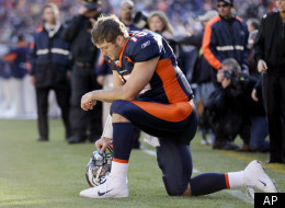 Denver Broncos quarterback Tim Tebow (15) prays in the end zone before the start of an NFL football game against the Chicago Bears, Sunday, Dec. 11, 2011, in Denver. (AP Photo/Julie Jacobson)