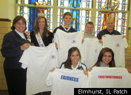 Christine Garcia, Mrs. Illinois 2011, shown here in the fall with Elmhurst area students during Character Counts Week.