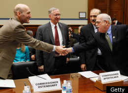 WASHINGTON, DC - DECEMBER 14: House Oversight And Government Reform Committee member Rep. Gerry Connolly (D-VA) (R) welcomes Nuclear Regulatory Commission Chairman Gregory Jaczko (L) and fellow commissioners William Ostendorff (C) and George Apostolakis before a hearing of the committee December 14, 2011 in Washington, DC. In October the four commissioners sent a letter White House Chief of Staff William Daley expressing “grave concerns” that Jaczko's deficiencies as a leader could compromis