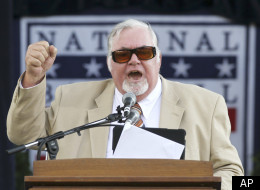 Longtime Philadelphia sports writer Bill Conlin speaks after receiving the J.G. Taylor Spink Award during a ceremony at Doubleday Field in Cooperstown, N.Y., on Saturday, July 23, 2011. (AP Photo/Mike Groll)