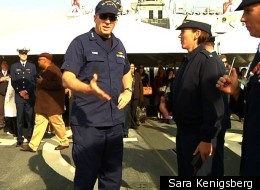 Vice Adm. Robert Parker speaks with Cmdr. Laura Collins, executive officer of the Stratton, the Cost Guard's newest National Security Cutter