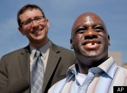 Eric Caine, shown here with his attorney Russell Ainsworth upon his release from prison in March, has filed a lawsuit against the city of Chicago and its former police commander Jon Burge over the torture he claims he faced before being wrongly convicted of a double murder.