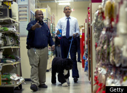 President Obama and the Obama family dog Bo shopping in Alexandria on Wednesday.