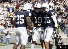 STATE COLLEGE, PA - OCTOBER 15: Silas Redd #25 of the Penn State Nittany Lions celebrates his rushing touchdown against the Purdue Boilermakers during the game on October 15, 2011 at Beaver Stadium in State College, Pennsylvania. The Nittany Lions defeated the Boilermakers 23-18. (Photo by Justin K. Aller/Getty Images)