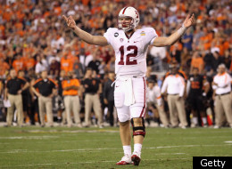 GLENDALE, AZ - JANUARY 02: Andrew Luck #12 of the Stanford Cardinal reacts against the Oklahoma State Cowboys during the Tostitos Fiesta Bowl on January 2, 2012 at University of Phoenix Stadium in Glendale, Arizona. (Photo by Christian Petersen/Getty Images)