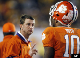 Clemson coach Dabo Swinney gestures to quarterback Tajh Boyd during the second half of the Orange Bowl NCAA college football game against West Virginia, Wednesday, Jan. 4, 2012, in Miami. (AP Photo/Lynne Sladky)