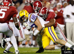 TUSCALOOSA, AL - NOVEMBER 05: Chase Clement #88 of the LSU Tigers against Jerrell Harris #5, Mark Barron #4 and Nico Johnson #35 of the Alabama Crimson Tide at Bryant-Denny Stadium on November 5, 2011 in Tuscaloosa, Alabama. (Photo by Kevin C. Cox/Getty Images)