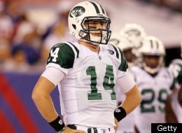 EAST RUTHERFORD, NJ - AUGUST 29: Greg McElroy #14 of the New York Jets in action against the New York Giants during their pre season game on August 29, 2011 at MetLife Stadium in East Rutherford, New Jersey. (Photo by Jim McIsaac/Getty Images)