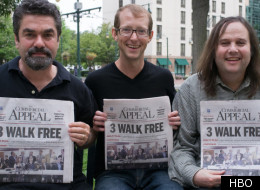 Joe Berlinger (L), Jason Baldwin (C), Bruce Sinofsky (R)