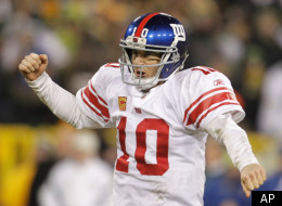 New York Giants quarterback Eli Manning reacts during the second half of an NFL divisional playoff football game against the Green Bay Packers Sunday, Jan. 15, 2012, in Green Bay, Wis. The Giants won 37-20. (AP Photo/Darron Cummings)