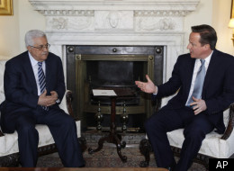 Britain's Prime Minister David Cameron, right, speakswith Palestinian Authority President Mahmoud Abbas, left, prior to their meeting at his official residence at 10 Downing Street in central London, Monday, Jan. 16, 2012. (AP)