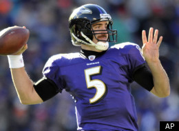Baltimore Ravens quarterback Joe Flacco passes the ball during the first half of an NFL divisional playoff football game against the Houston Texans in Baltimore, Sunday, Jan. 15, 2012. (AP Photo/Gail Burton)