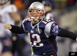 New England Patriots quarterback Tom Brady (12) celebrates after scoring a one yard touchdown during the second half of the AFC Championship NFL football game against the Baltimore Ravens Sunday, Jan. 22, 2012, in Foxborough, Mass. (AP Photo/Stephan Savoia)