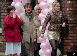 Roy and Hayley wave goodbye to Becky outside the Rovers