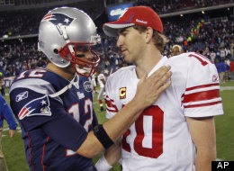 New York Giants' Eli Manning, right, is congratulated by New England Patriots' Tom Brady after the Giants' 24-20 win in an NFL football game in Foxborough, Mass., Sunday, Nov. 6, 2011. (AP Photo/Charles Krupa)