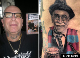Tattoo artist Nick Reid, David Morby, and the Alf Garnett tattoo