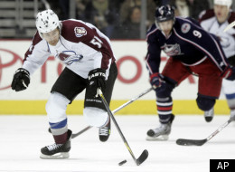 Colorado Avalanche's David Jones skates, left, upice in front of Columbus Blue Jackets' Colton Gillies in the first period of an NHL hockey game in Columbus, Ohio, Friday, Feb. 24, 2012. The Avalanche won 5-0. (AP Photo/Paul Vernon)
