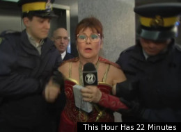 Marg Delahunty (Mary Walsh) gets arrested by RCMP officers on the orders of Bob Paulson on This Hour Has 22 Minutes. (This Hour Has 22 Minutes)