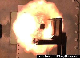 An image taken from a video of an electromagnetic railgun prototype firing at the Naval Surface Warfare Center.