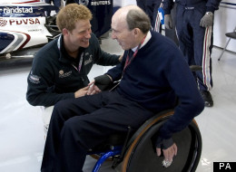 Sir Frank Williams speaks to Prince Harry at the British Grand Prix