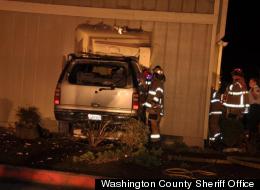 A woman fell asleep and crashed through an Oregon apartment, pinning a man in his bed, cops said.