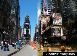 An iconic New York sight, Vladimir Manyuhin's vision sees the usually bustling Times Square overrun by lions and weeds
