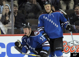 Colorado Avalanche left wing Cody McLeod (55) celebrates a goal with teammate Ryan Wilson (44) during the second period of an NHL hockey game against the Edmonton Oilers on Saturday, March 10, 2012, in Denver. (AP Photo/ Jack Dempsey)