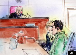 In this sketch, Algerian Ahmed Ressam, seated next to Federal Public Defender JoAnn Oliver, listens as U.S. District Judge John Coughenour presides at the court session in which Ressam was convicted on several charges of terrorism Friday, April 6, 2001, at the Roybal federal building in downtown Los Angeles. Ressam was found guilty of nine federal charges, including an act of terrorism transcending a national boundary, for bringing a car loaded with explosives into the United States in what auth