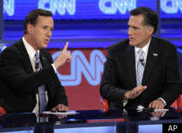 Former Pennsylvania Sen. Rick Santorum (left) and former Massachusetts Gov. Mitt Romney at a Republican presidential debate on Wednesday, Feb. 22, 2012, in Mesa, Ariz. (AP Photo/Ross D. Franklin)